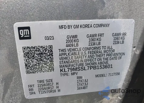 2023 Chevrolet Trailblazer Awd Activ z USA, uszkodzony, nr VIN KL79MSSL7PB153601